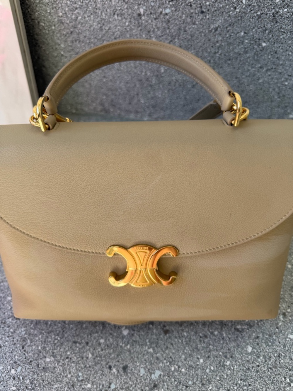 Celine Beige Top Handle Satchel with Gold Triomphe Clasp